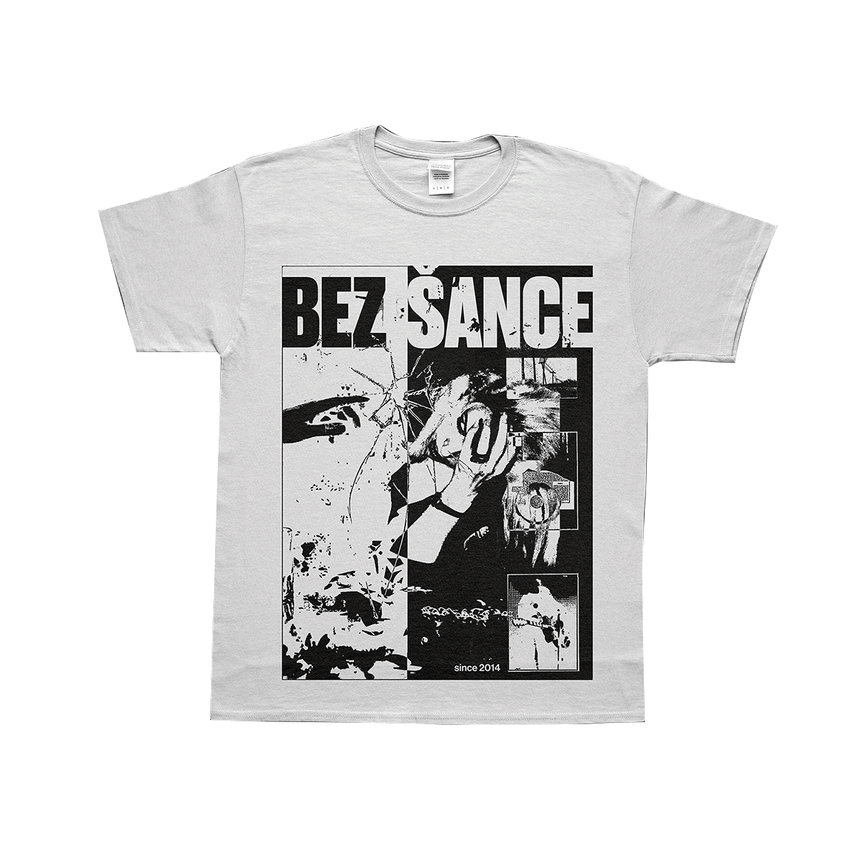 BEZ ŠANCE screen printed t-shirt mockup — punk collage design on cotton textile